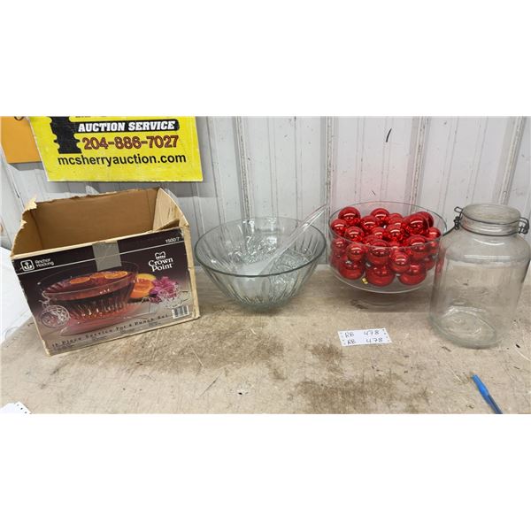 Anchor Hocking Crown Point Punch Set, Glass Bowl with Ornaments and Jar