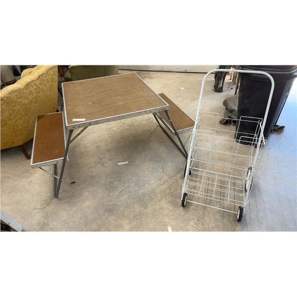 Vintage Portable Folding Picnic Table with Attached Benches and Shopping Cart