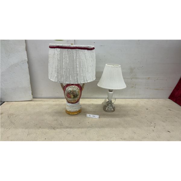 Vintage Ceramic Table Lamp with Lace Shade and Silver-Toned Glass Table Lamp, Tallest 24"
