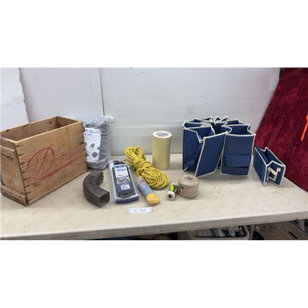 Vintage Wooden Crate, Sunforce Solar 12V Power Sports Charger, Yellow Rope, Twine, Tape, and More