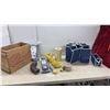 Image 1 : Vintage Wooden Crate, Sunforce Solar 12V Power Sports Charger, Yellow Rope, Twine, Tape, and More