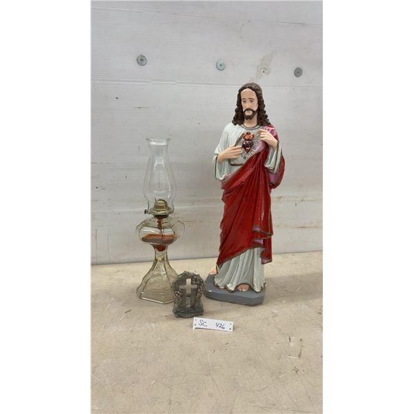 Sacred Heart of Jesus Statue, 26" High, Clear Glass Oil Lamp with Chimney, and Cross Candle Holder