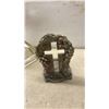 Image 3 : Sacred Heart of Jesus Statue, 26" High, Clear Glass Oil Lamp with Chimney, and Cross Candle Holder