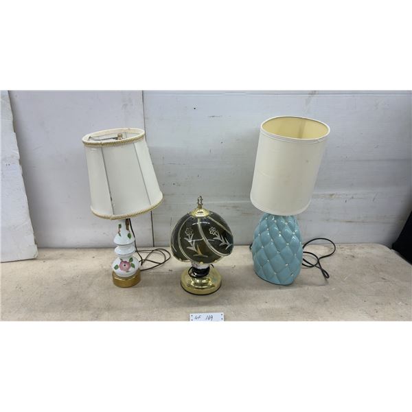 Three Decorative Table Lamps: Blue Ceramic Quilted, Floral Ceramic, and Etched Glass Globe