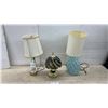 Image 1 : Three Decorative Table Lamps: Blue Ceramic Quilted, Floral Ceramic, and Etched Glass Globe