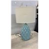 Image 2 : Three Decorative Table Lamps: Blue Ceramic Quilted, Floral Ceramic, and Etched Glass Globe