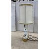 Image 7 : Three Decorative Table Lamps: Blue Ceramic Quilted, Floral Ceramic, and Etched Glass Globe