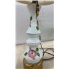 Image 8 : Three Decorative Table Lamps: Blue Ceramic Quilted, Floral Ceramic, and Etched Glass Globe