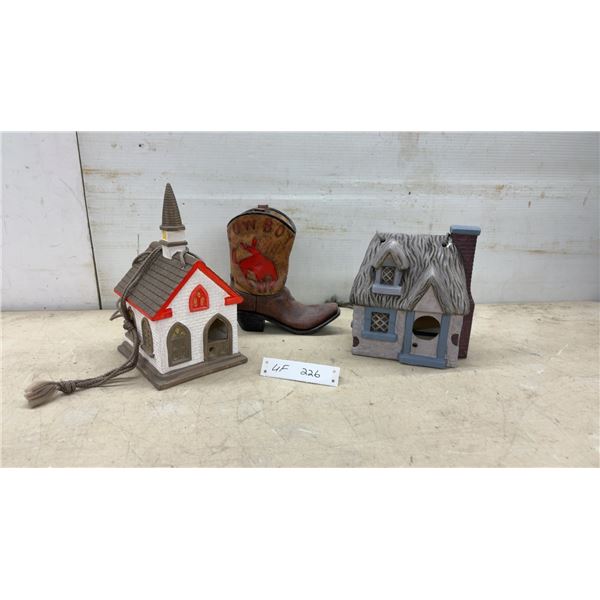 Miniature Church and Thatched Cottage Birdhouses & Ceramic Cowboy Boot