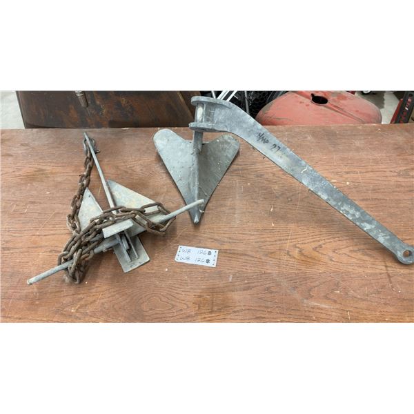 Two Galvanized Boat Anchors: Danforth-Style with Chain and Plow-Style
