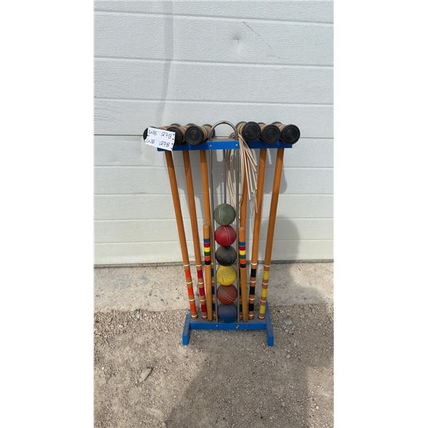 Vintage Six-Player Wooden Croquet Set with Blue Standing Rack and Metal Wickets