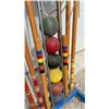 Image 2 : Vintage Six-Player Wooden Croquet Set with Blue Standing Rack and Metal Wickets