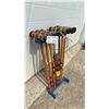 Image 3 : Vintage Six-Player Wooden Croquet Set with Blue Standing Rack and Metal Wickets