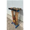 Image 4 : Vintage Six-Player Wooden Croquet Set with Blue Standing Rack and Metal Wickets