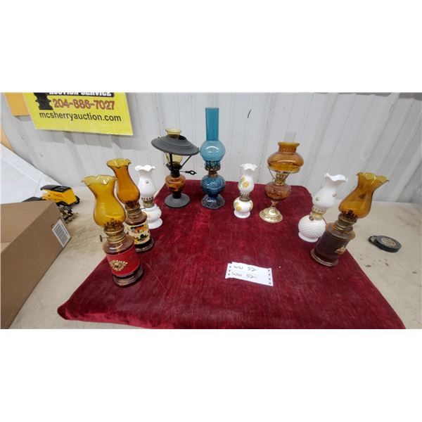 Collection of Vintage Miniature Oil Lamps with Amber and Milk Glass Chimneys and More