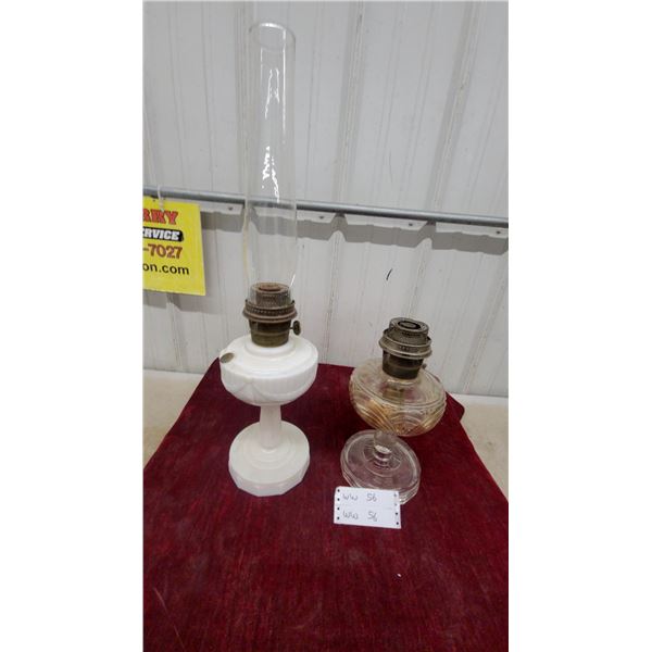 Pair of Antique Alladin Oil Lamps, White Milk Glass with Chimney and Clear Pressed Glasschimney Has
