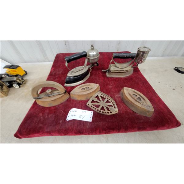 Antique Self-Heating Gasoline Iron with Cast Iron Sad Irons, Trivet, and More