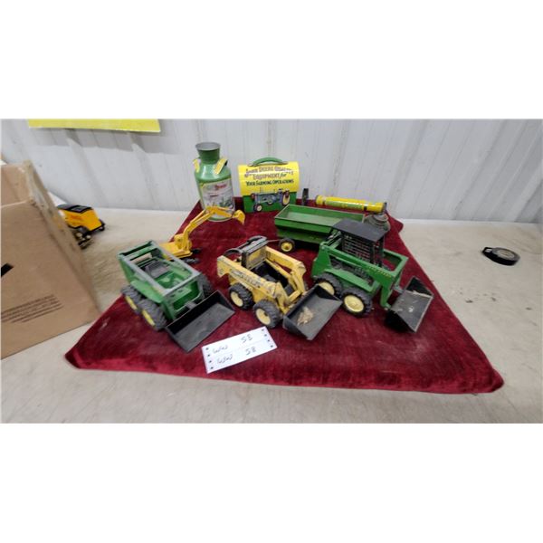 John Deere Ertl Toy Tractor with Front Loader, Skid Steers, Wagon, Lunch Kit and More