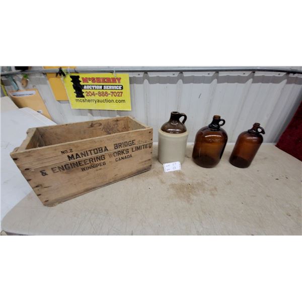 Manitoba Bridge & Engineering Works Crate, Stoneware Jug, Amber Glass Jugs, and More
