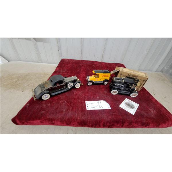Watkins Ford Model T Die-Cast Metal Bank, Coca-Cola Delivery Truck, and Vintage Sedan Models