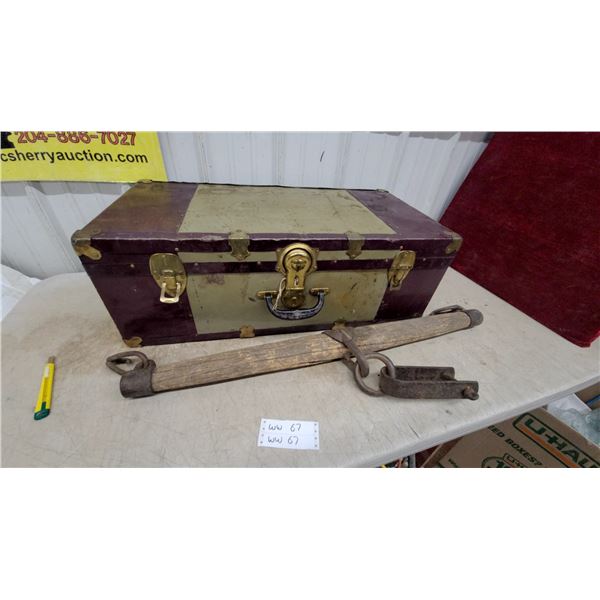 Horse Single Tree and Vintage Steamer Trunk with Brass Hardware