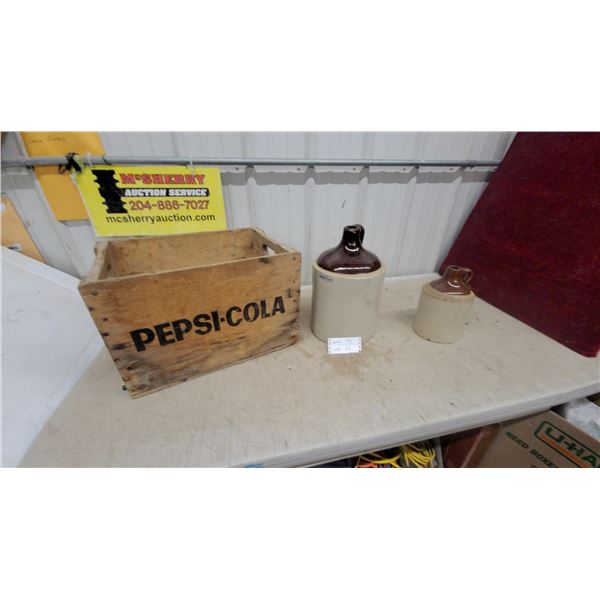 Two-Tone Stoneware Jugs and Vintage Pepsi-Cola Wooden Crate