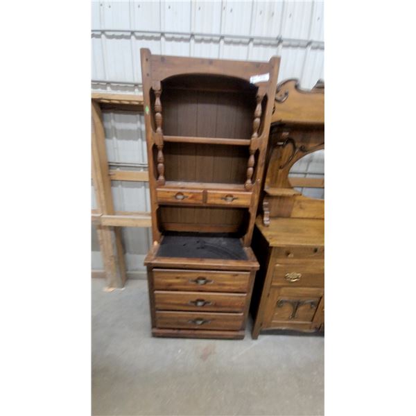 Wooden Hutch with Arched Header, Turned Spindles, Open Shelves, and Five-Drawer Base 76 x 30 x 18"