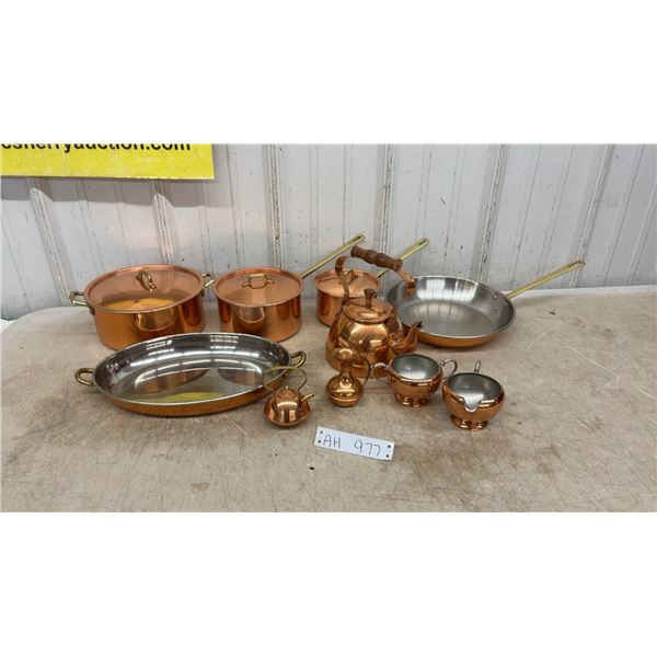 Copper Kitchenware Lot: Copper Sugar Bowl, Creamer, Pitcher, Pots, Kettle, Frying Pan and More