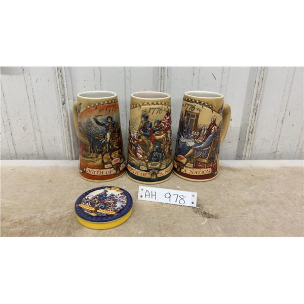 Miller "Birth of a Nation" Collectible Beer Steins, 1991, 1992, 1993, and Matching Tin