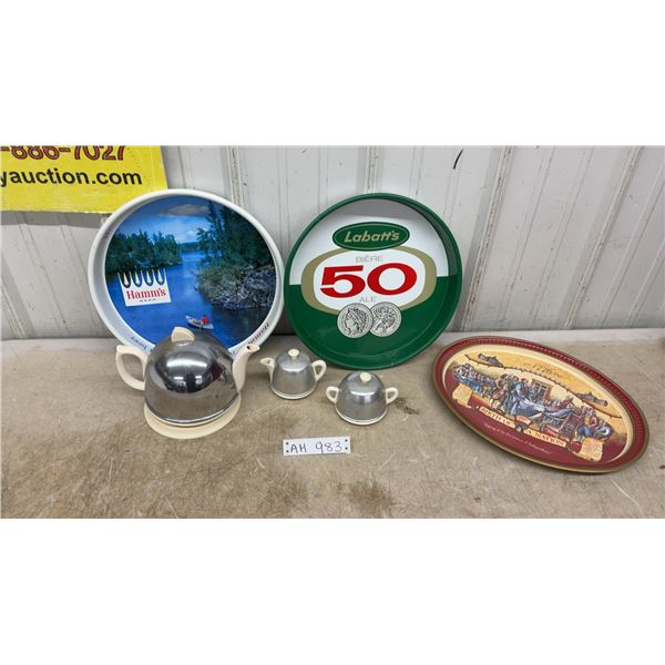 Hamm's, Labatt's 50, and Miller 1776 Beer Trays With Vintage Chrome Tea Set