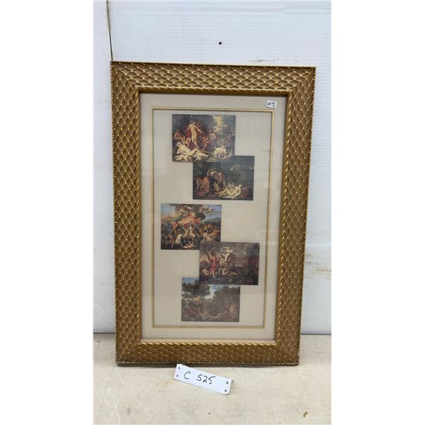 Framed Collage of Classical Mythological Painting Reproductions in Gold Coloured Lattice Frame