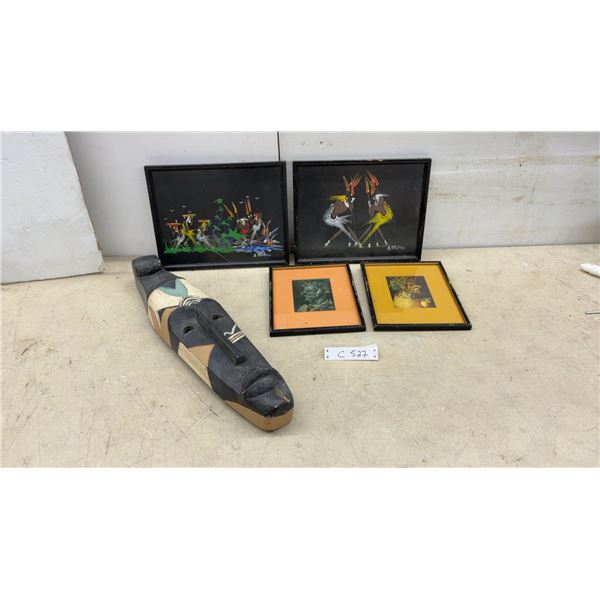 African-Style Carved Wooden Mask 23" Tall, 4 Framed Pictures a. Mikado, and More, Largest 10 x 13.