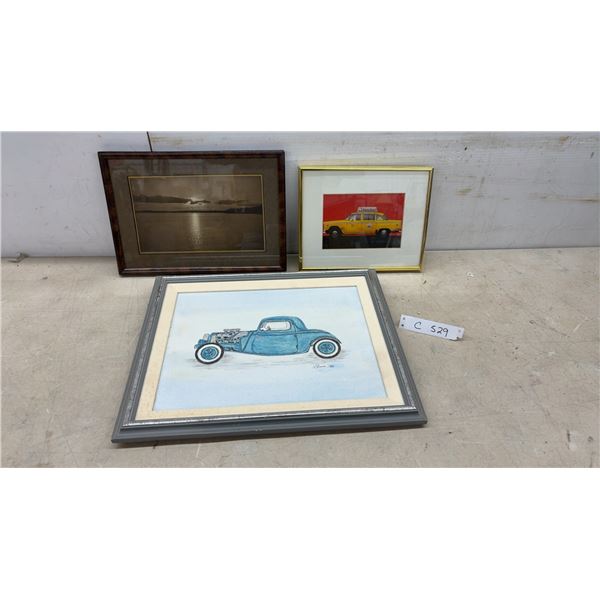 Framed 1932 Ford Hot Rod Coupe Drawing, Checker Cab Print, and Sepia Landscape Photo