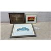 Image 1 : Framed 1932 Ford Hot Rod Coupe Drawing, Checker Cab Print, and Sepia Landscape Photo