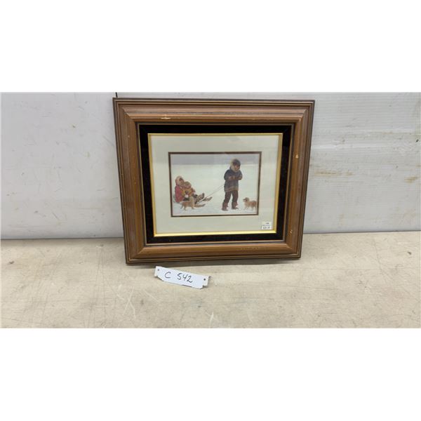 Framed Print "Fun on a Snowy Day" by Dorothy Francis, Inuit Children with Sled and Dogs, 13 x 15"
