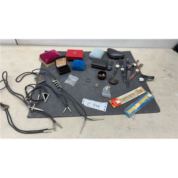 Collection of Bolo Ties, Watches Needing TLC, Jewelry Cases and More