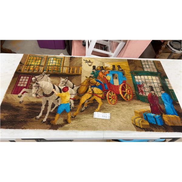 Handmade Latch Hook Wall Hanging Depicting Horse-Drawn Stagecoach Street Scene, 27 x 50"