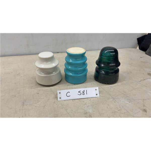 Lot of 3 Vintage Electrical Insulators: White Ceramic, Blue Ceramic, and Green Glass