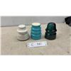 Image 1 : Lot of 3 Vintage Electrical Insulators: White Ceramic, Blue Ceramic, and Green Glass
