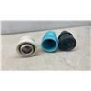 Image 2 : Lot of 3 Vintage Electrical Insulators: White Ceramic, Blue Ceramic, and Green Glass