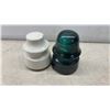 Image 4 : Lot of 3 Vintage Electrical Insulators: White Ceramic, Blue Ceramic, and Green Glass