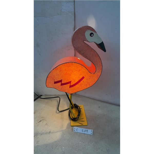 Vintage Novelty Pink Flamingo Table Lamp, Textured Paper Body With Yellow Metal Base, 22" Tall