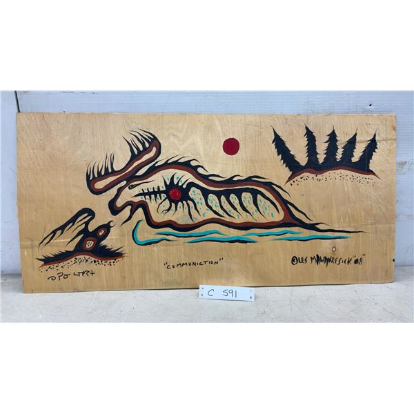 Les Mawakeesick "Communication" 2008 Original Woodland Style Painting on Wood Board, 14 x 30"