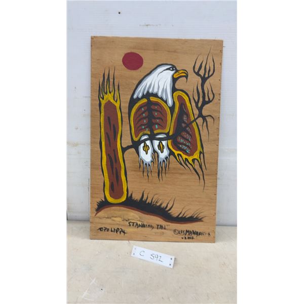 "Standing Tall" Original Woodland Art Eagle Painting on Wood by Les Mawakeesick, 2008, 22 x 14"