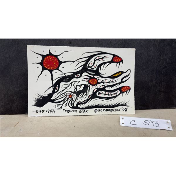 "Medicine Bear" Original Painting by Les Mawakeesick, 2009, Woodland Indigenous Art Style, 7 x 11"