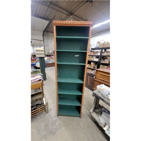 Tall Narrow Wooden Bookshelf with Teal-Green Finish and Carved Coin-Pattern Trim, 7 Shelves