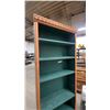 Image 4 : Tall Narrow Wooden Bookshelf with Teal-Green Finish and Carved Coin-Pattern Trim, 7 Shelves