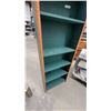 Image 5 : Tall Narrow Wooden Bookshelf with Teal-Green Finish and Carved Coin-Pattern Trim, 7 Shelves