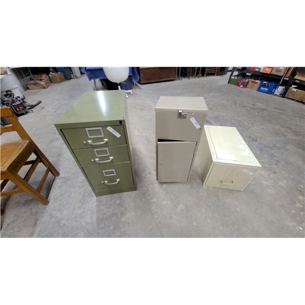 Three-Drawer Olive Green Metal Vertical Filing Cabinet with Chrome Pulls and Label Holders