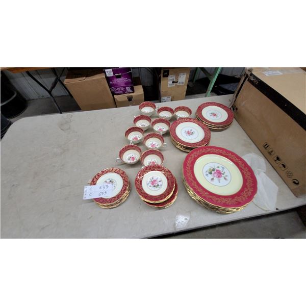 Royal Swansea "Swansea Rose" Bone China Dinnerware Set, Red, Cream, and Gold With Pink Rose